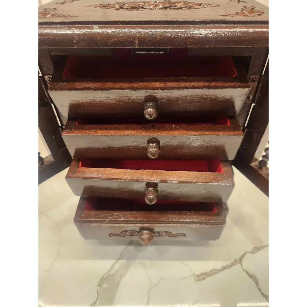 Vintage Wooden Jewelry Cabinet with Magnetic Doors & Multiple Felt Lined Drawers
